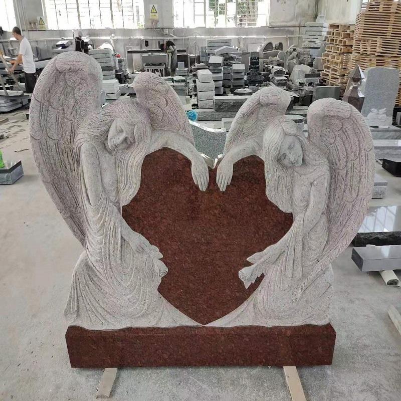 India Red Granite oval top shape Headstone with small angel carving