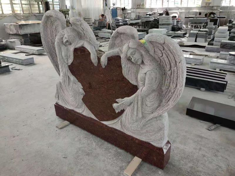 India Red Granite oval top shape Headstone with small angel carving