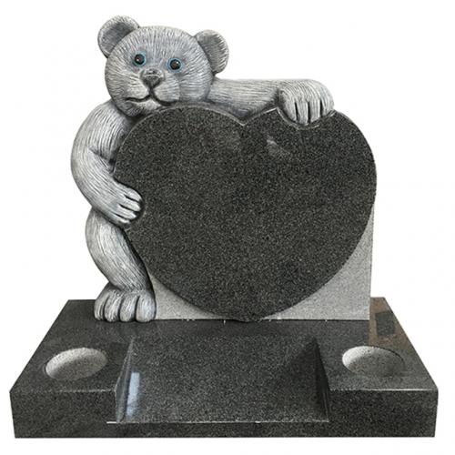 Custom Antique Carved Baby Child Jet Black Granite Tombstones Headstones Memorial Stone with Single Bear Heart