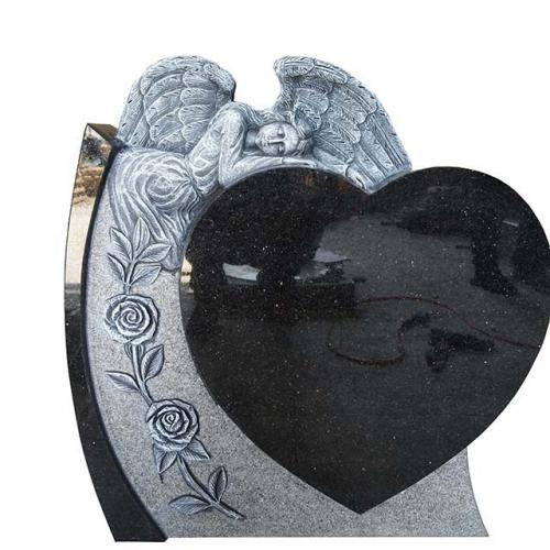 Heart Shape Hand Carved Flowers Black Granite Tombstone Gravestone with Sleeping Angel Wings