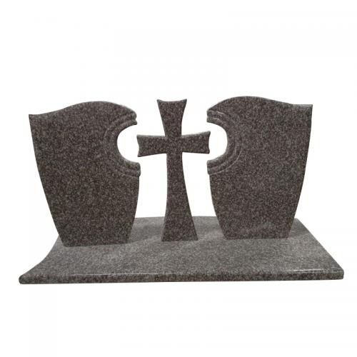 Cheap Brown Natural Stone Tombstone Price, 3 People Monument Tombstone With Cross